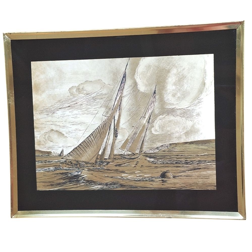 Vintage Dufex Foil Art Prints Sailing Ships Framed Gold Black Pair 10 X 8 each - Picture 3 of 14